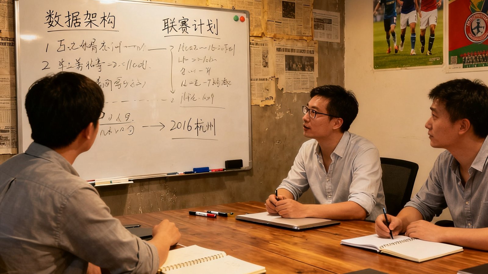 2016年球探团队在杭州小办公室内，白板上写满数据架构和联赛计划，三人围坐讨论