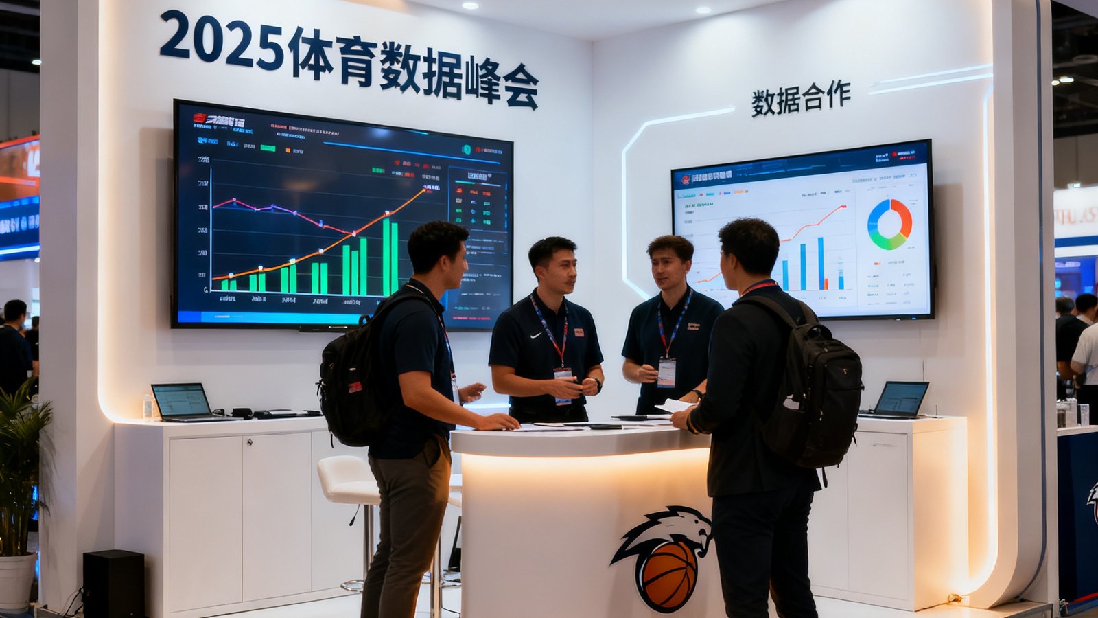 球探团队在2025体育数据峰会上的展台，与参会者交流数据合作